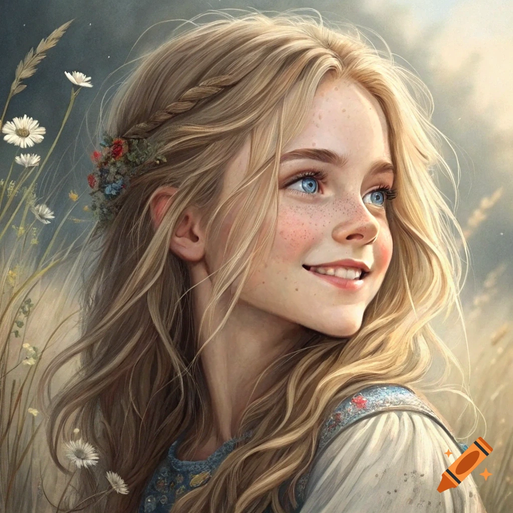 A portrait of a young girl with long blonde hair and freckles smiling in a field of flowers.
