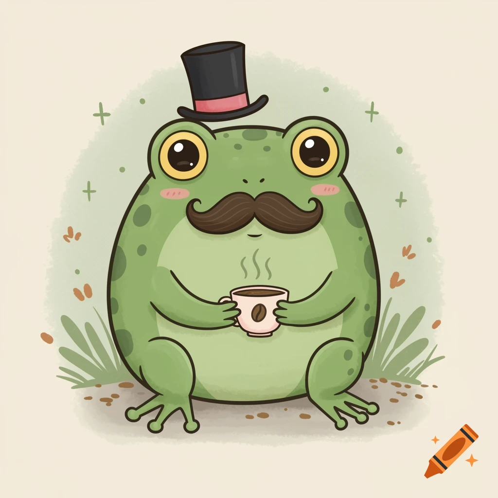 Cute cartoon frog with mustache and top hat holding a steaming cup of coffee, illustration style.