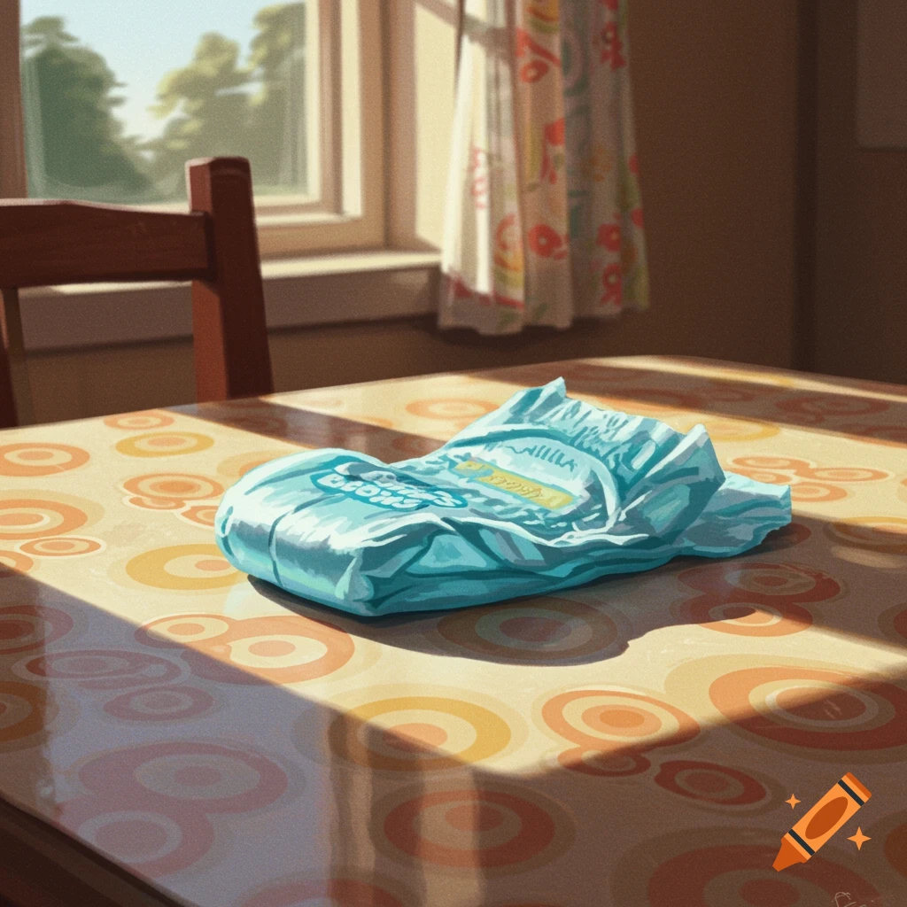 A bright blue diaper rests on a retro patterned table in a sunlit kitchen.