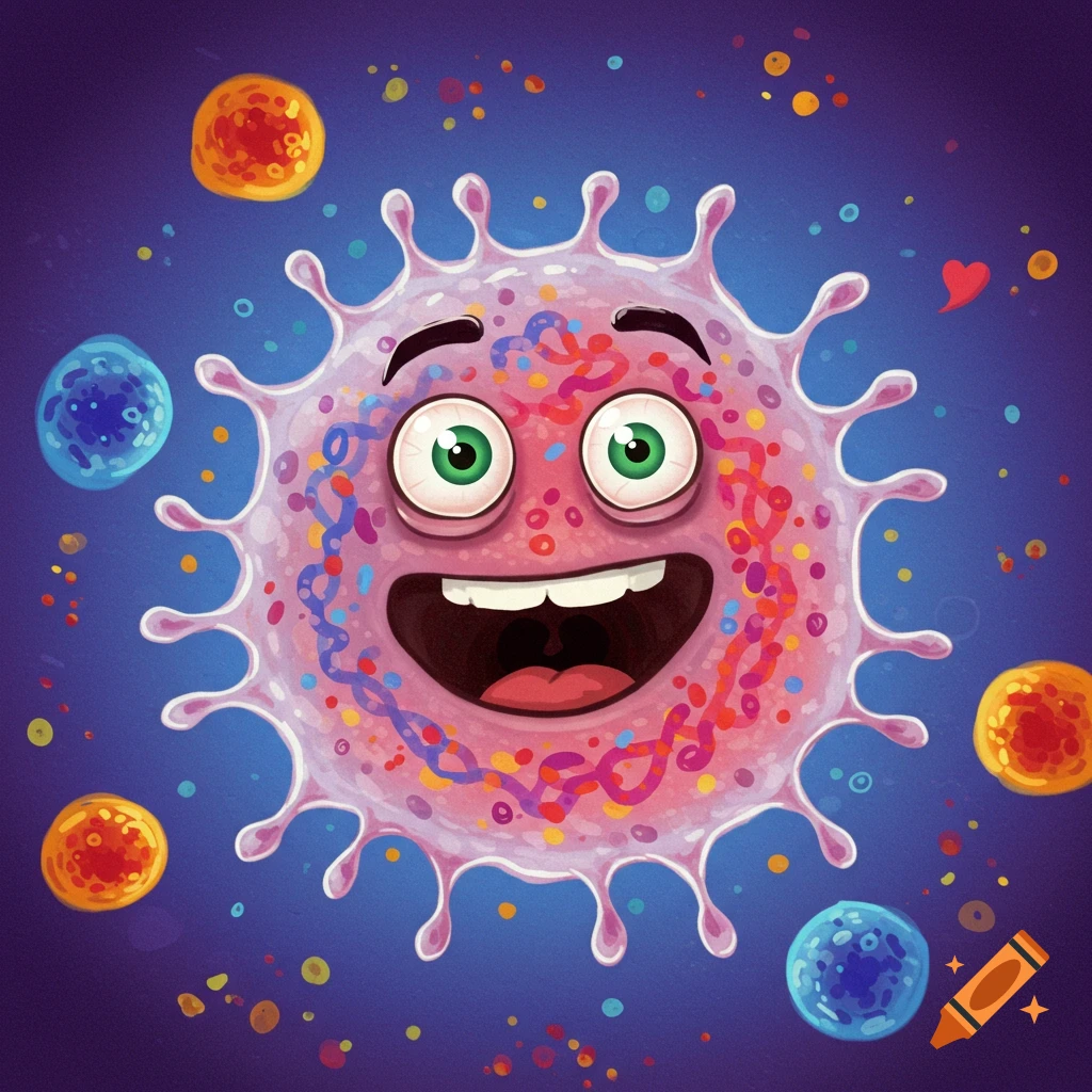 Cartoon microbe with a happy face and green eyes floating on a blue background with colorful speckles.
