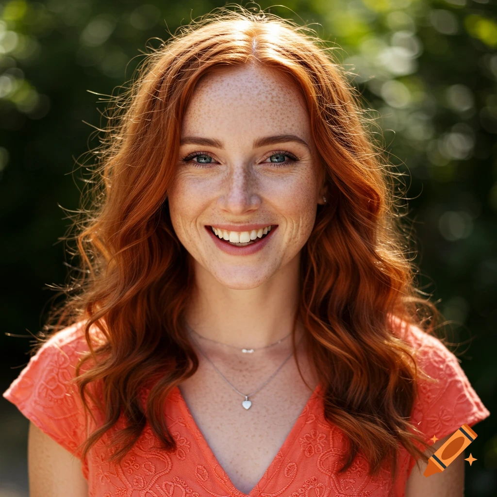 Portrait of a smiling woman with red hair and freckles looking at the viewer.