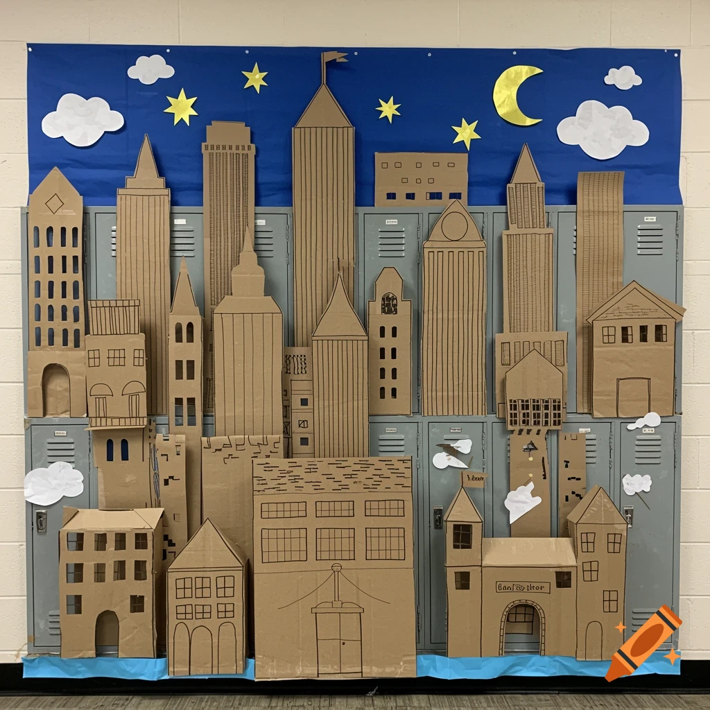 Cardboard cityscape craft project displayed on school lockers against a blue backdrop with paper clouds and stars.