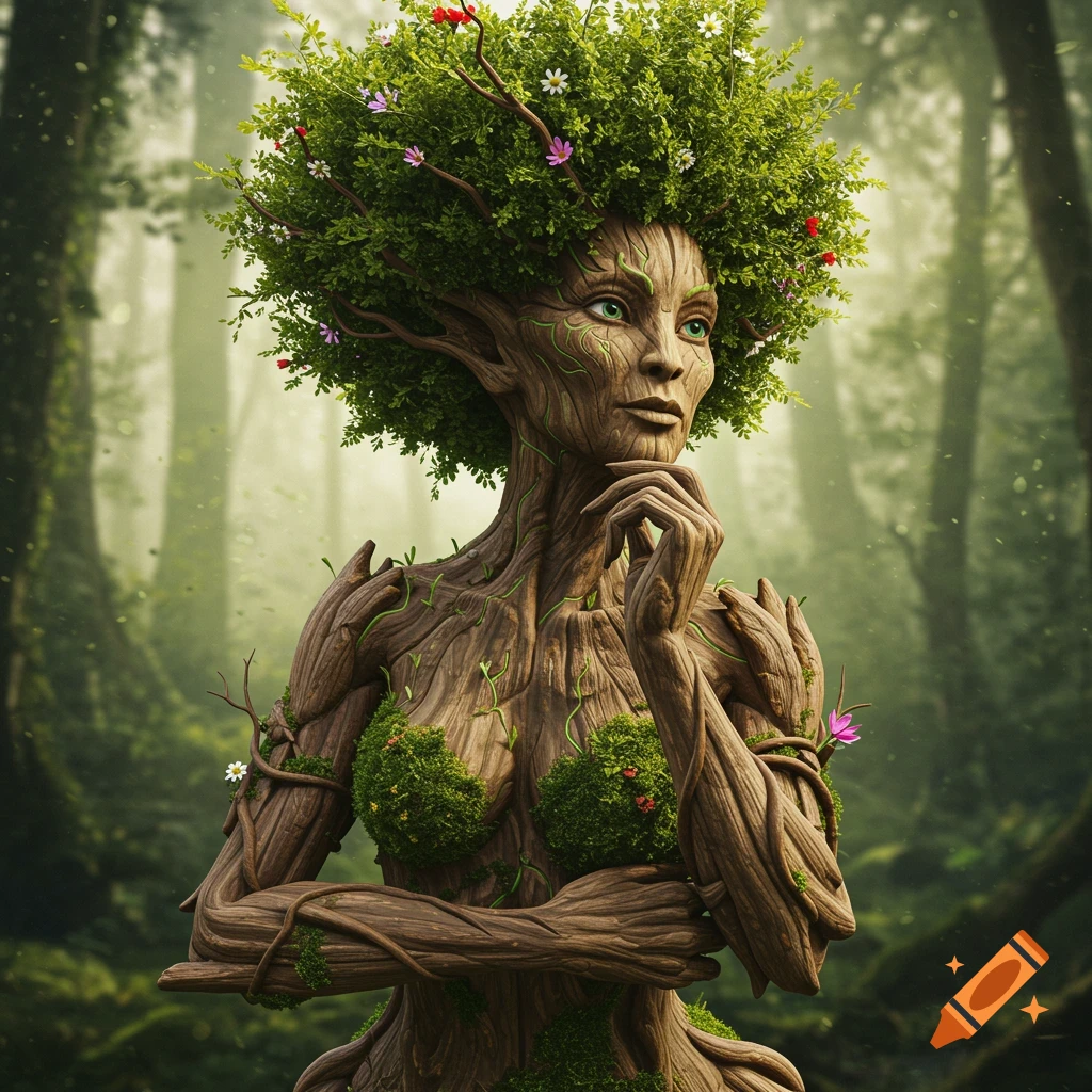 Fantasy portrait of a treewoman with leaves for hair in a forest