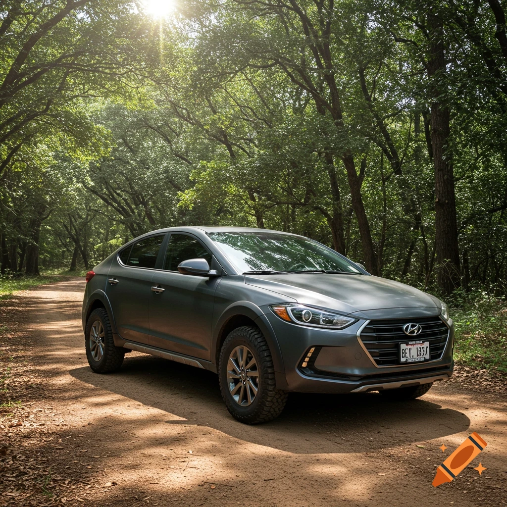 A gray Hyundai Elantra on a dirt road in a forest with off-road tires and suspension.