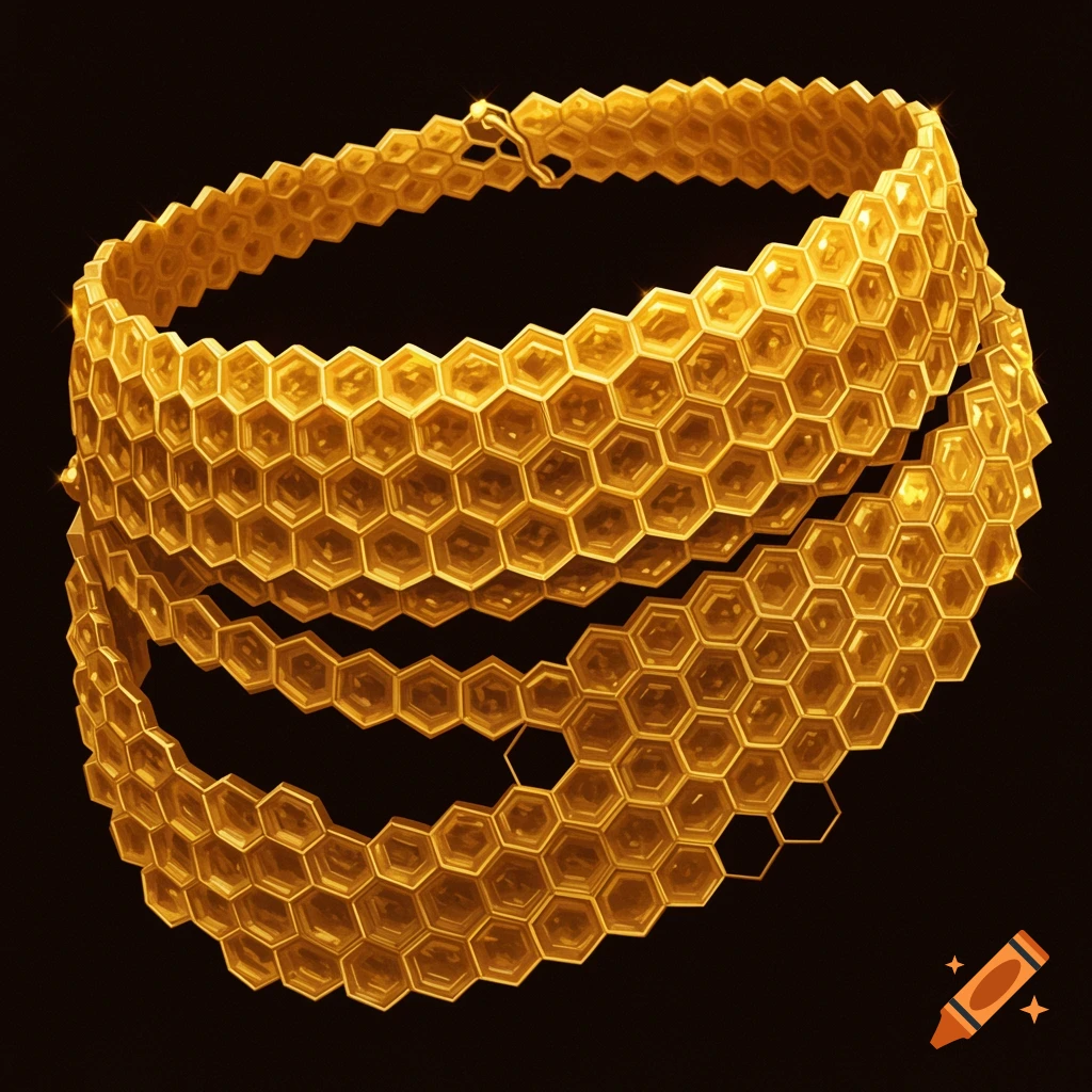 A golden honeycomb-shaped waist chain gleaming against a black background.