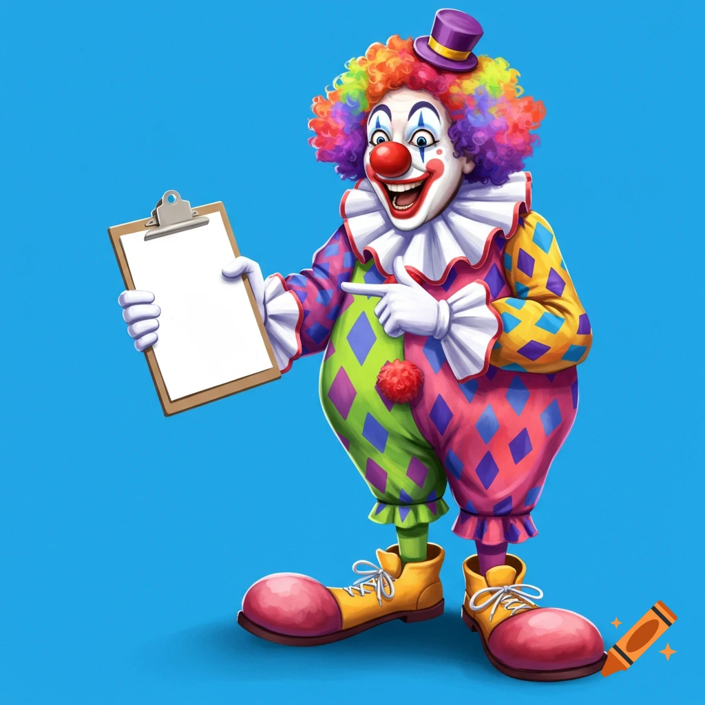 A colorful clown pointing at a blank clipboard.