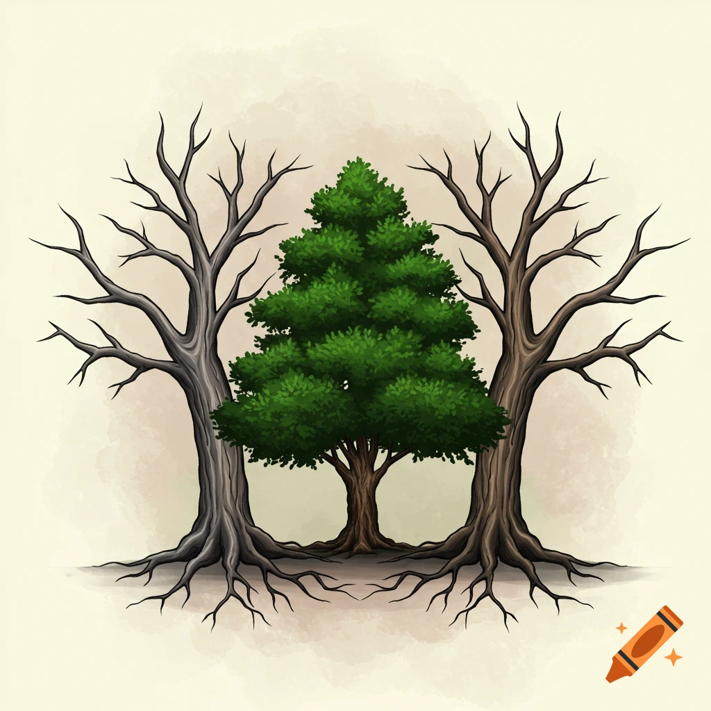 Three trees, one living and two dead, with exposed roots.