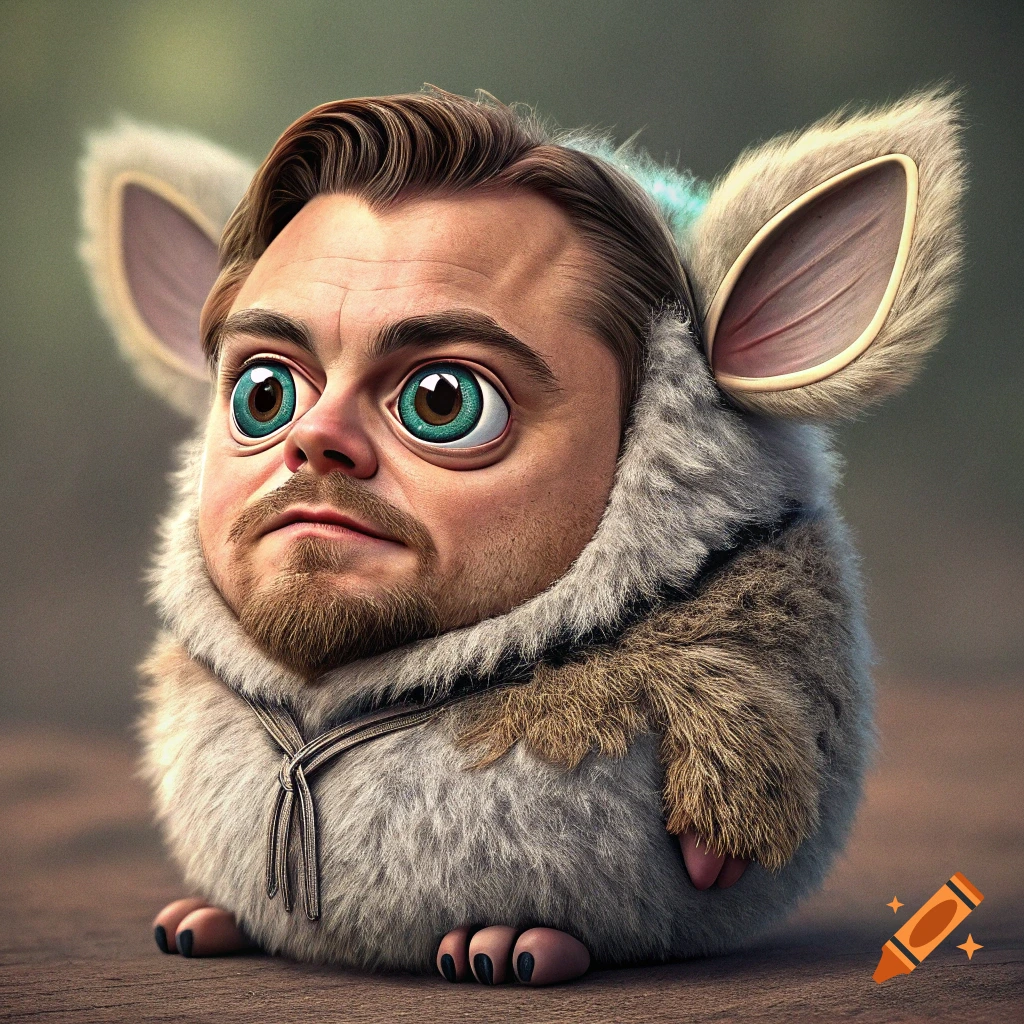 A cute, round fluffy creature with a human face resembling Leonardo DiCaprio, big eyes, and ears sits on a floor.
