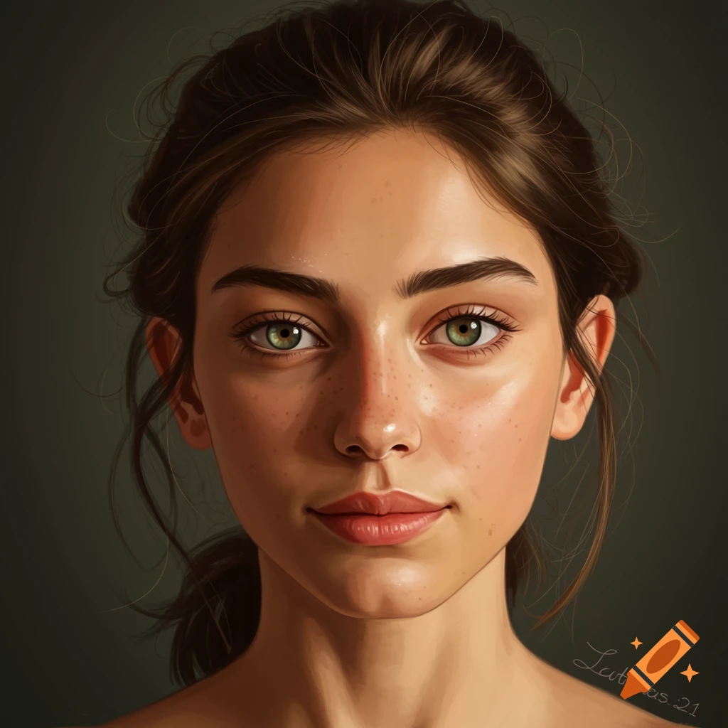 Portrait of a young woman with freckles and green eyes