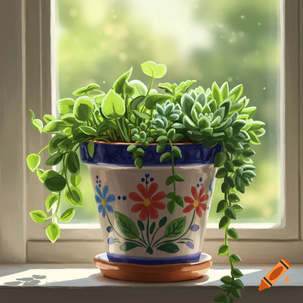 A potted plant with trailing vines is sitting on a windowsill