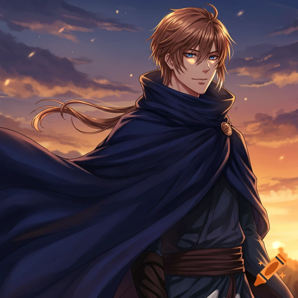 Anime man in a cloak against a sunset sky
