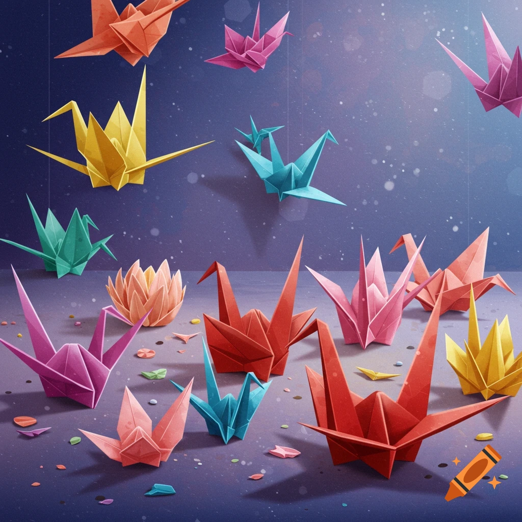 Colorful origami cranes and a lotus flower on a speckled background.