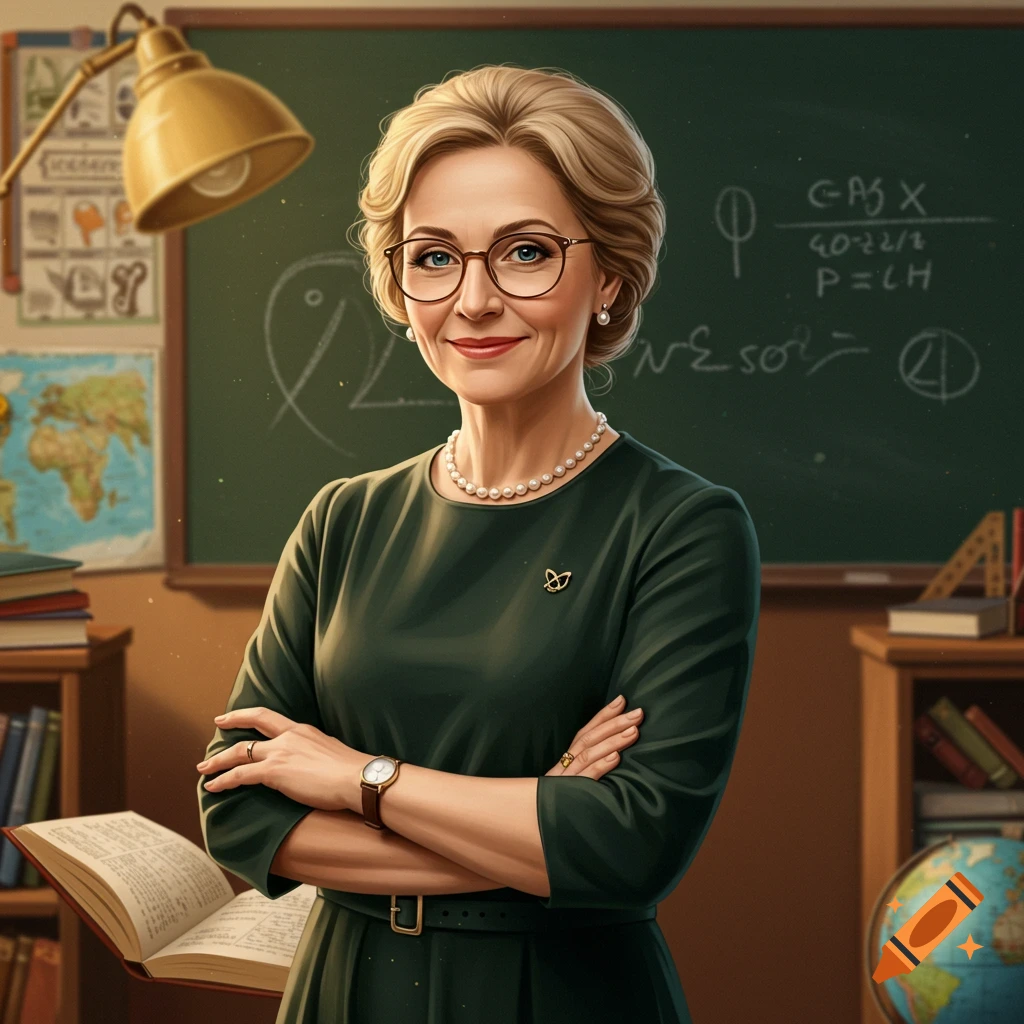 A smiling teacher with glasses stands with arms crossed in a classroom.