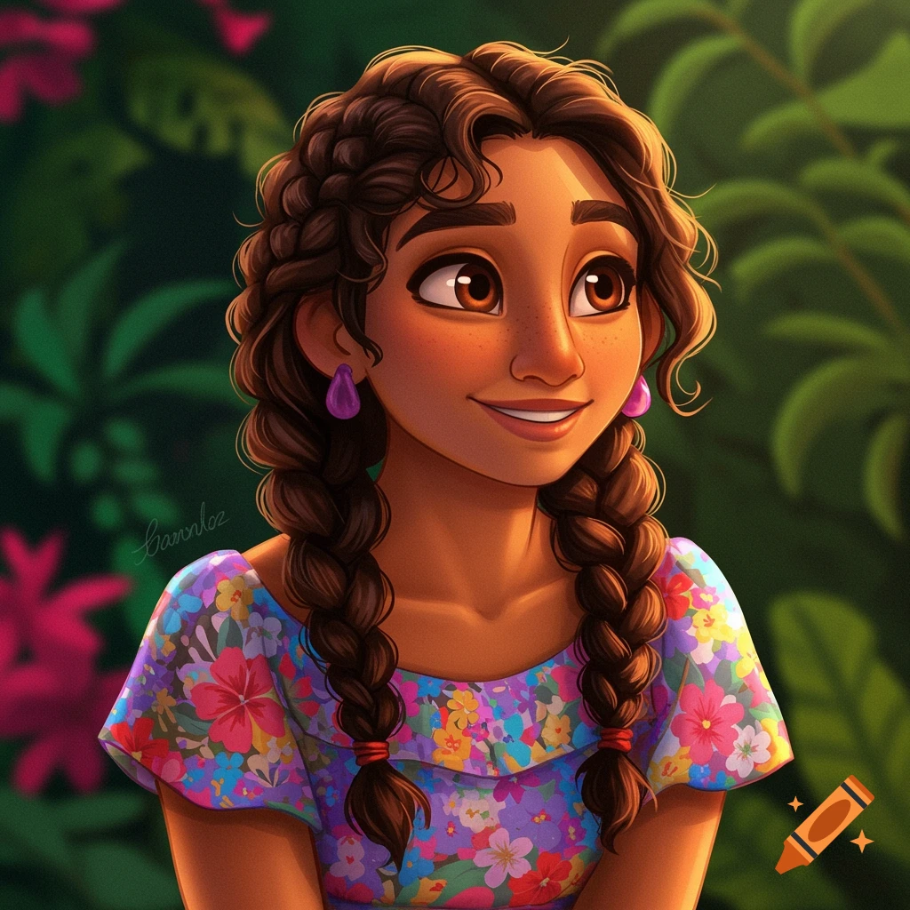 Stylized image of a young girl with braids in a floral dress in a tropical garden.