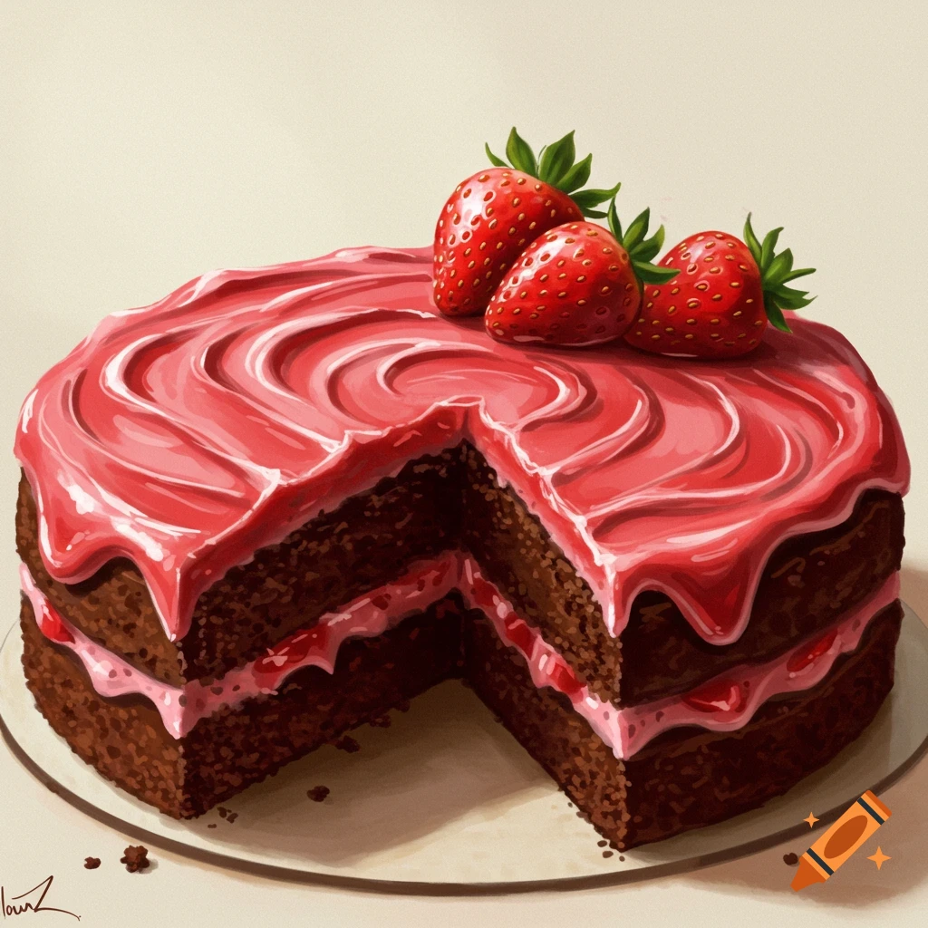 A chocolate cake with pink frosting and strawberries on top, with a slice cut out.
