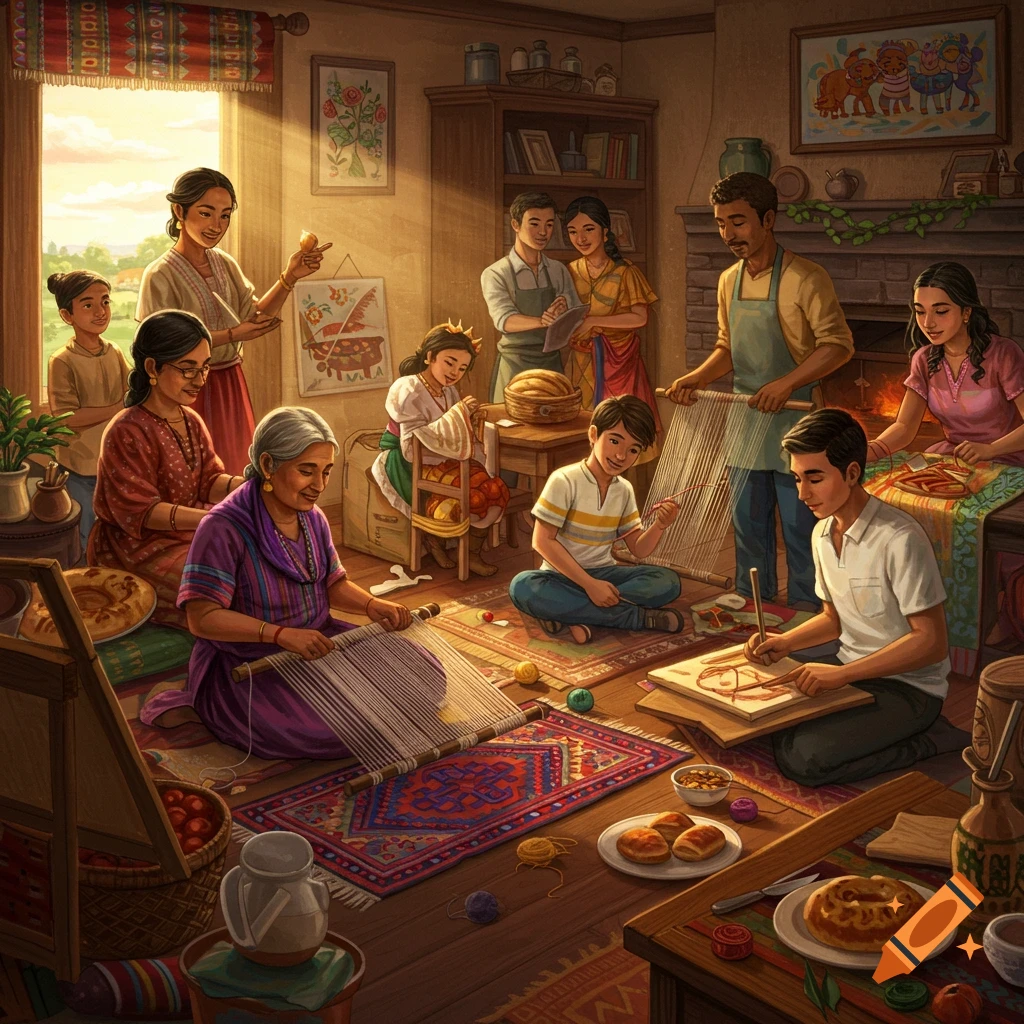A multi-generational family gathers indoors, weaving rugs and creating art in a warm, detailed style.