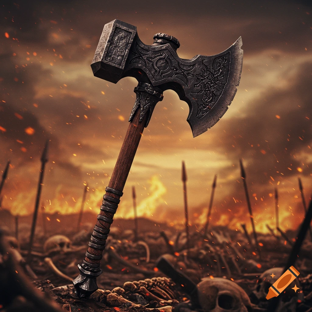 A battle hammer-axe stands upright in a pile of skulls and bones on a fiery battlefield.