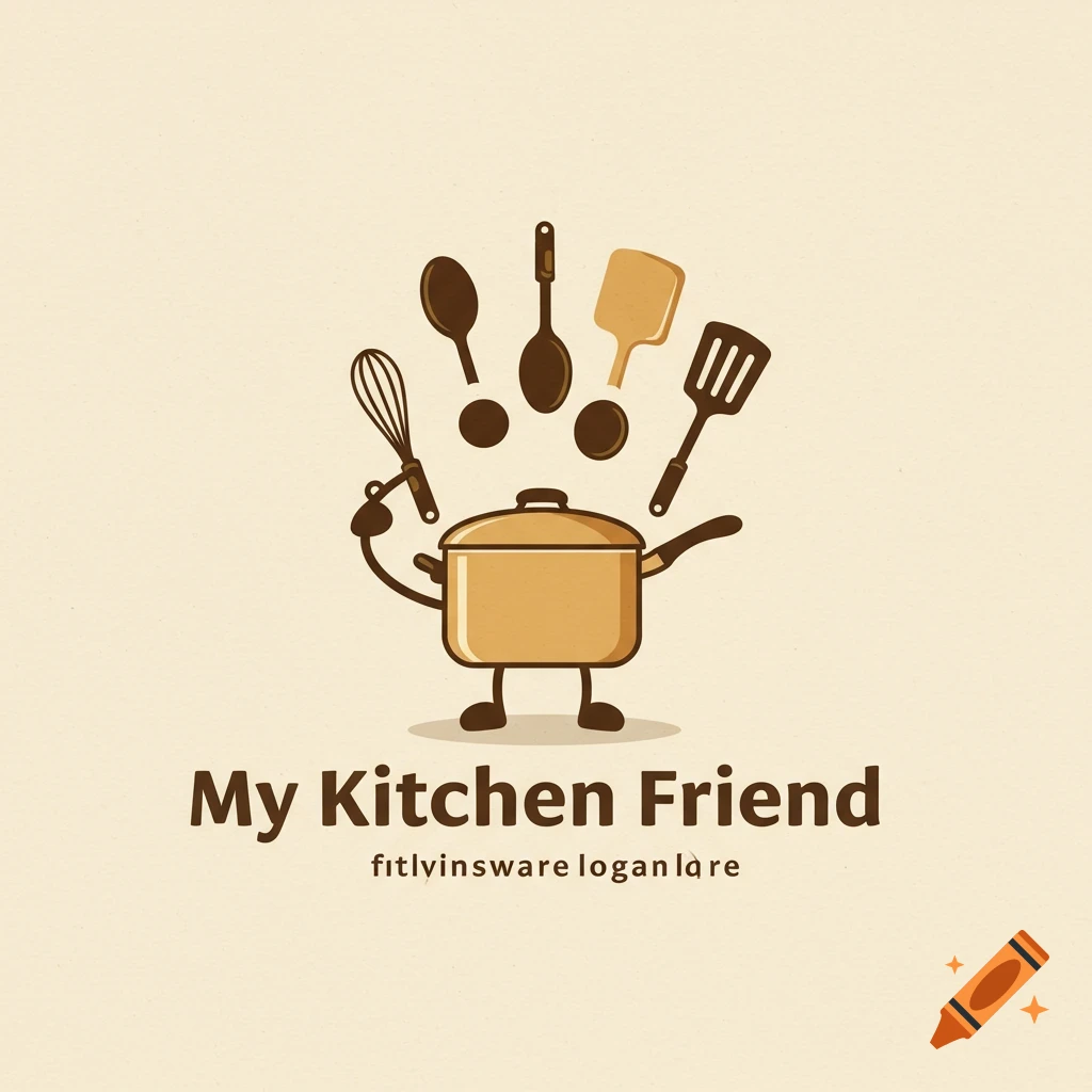 Logo of a pot character holding a whisk, surrounded by utensils, with the text 'My Kitchen Friend'