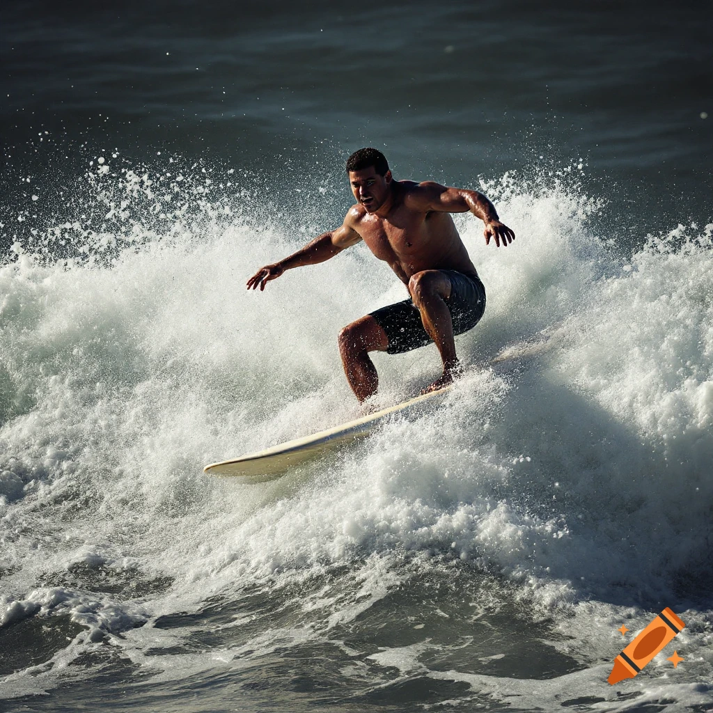A man surfs on a large wave in a photorealistic style.