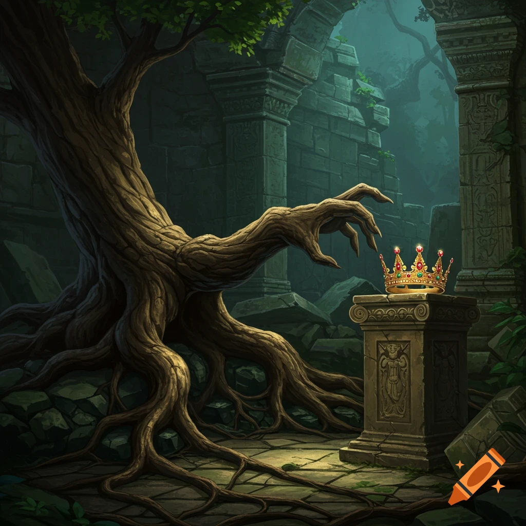 A root reaches for a crown on a pedestal in ruins.