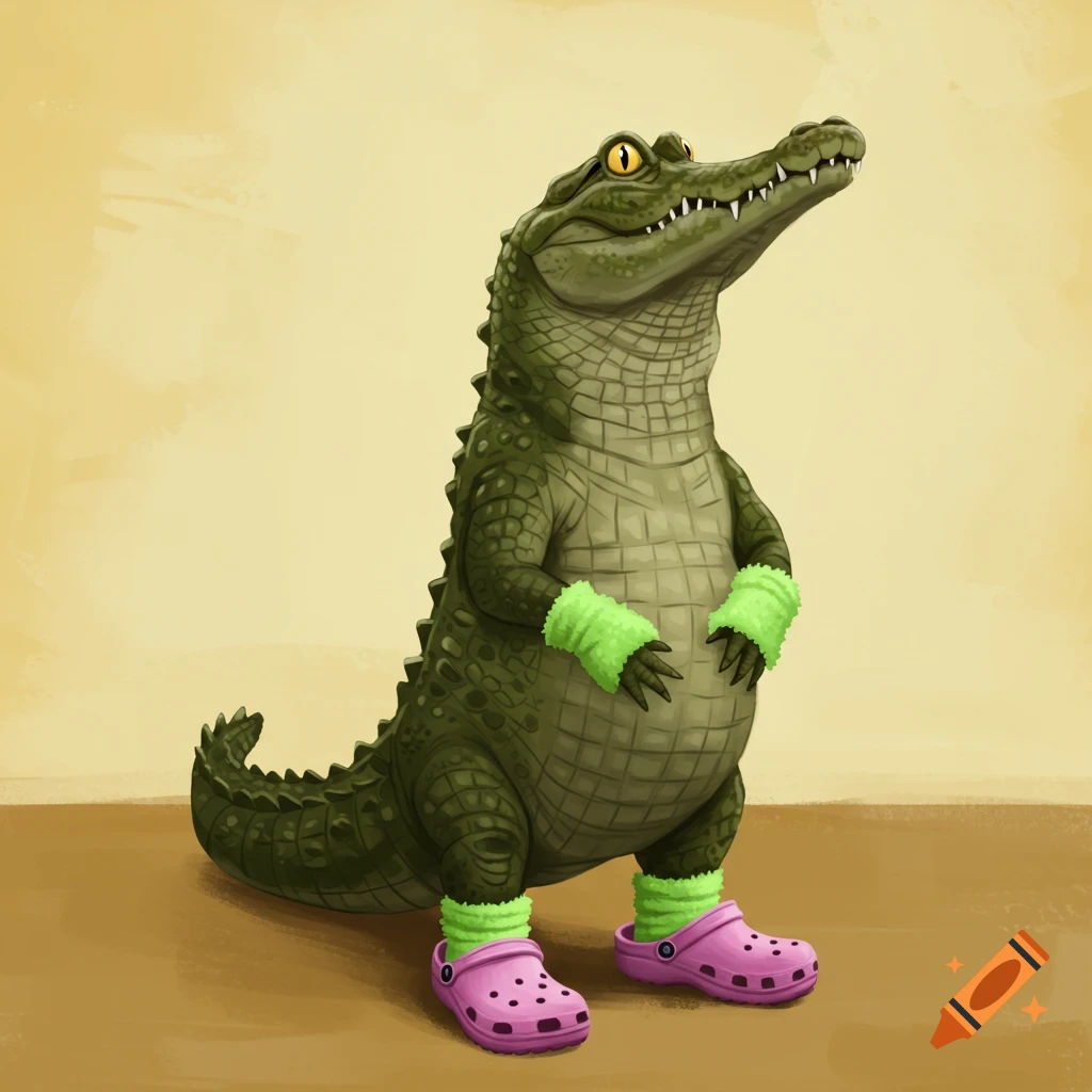Painting of a standing crocodile wearing green socks and pink crocs