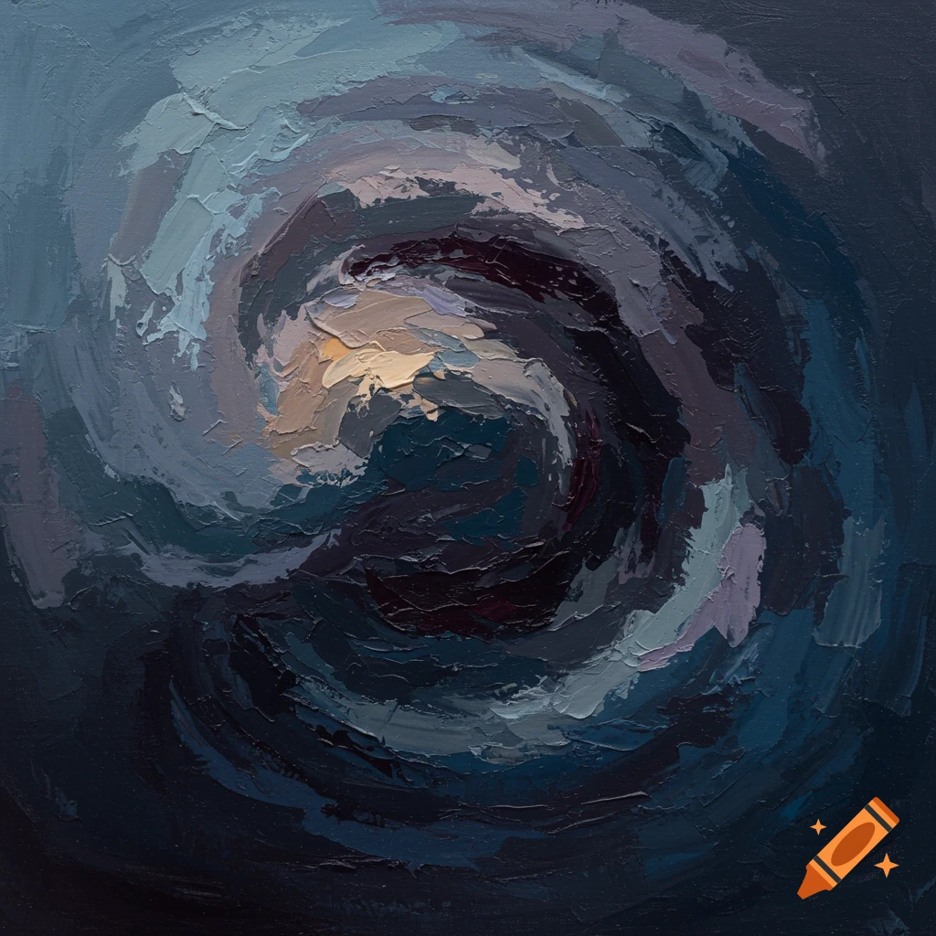 Abstract oil painting with thick brushstrokes forming a swirl of dark blues, grays, and purples with a light center.
