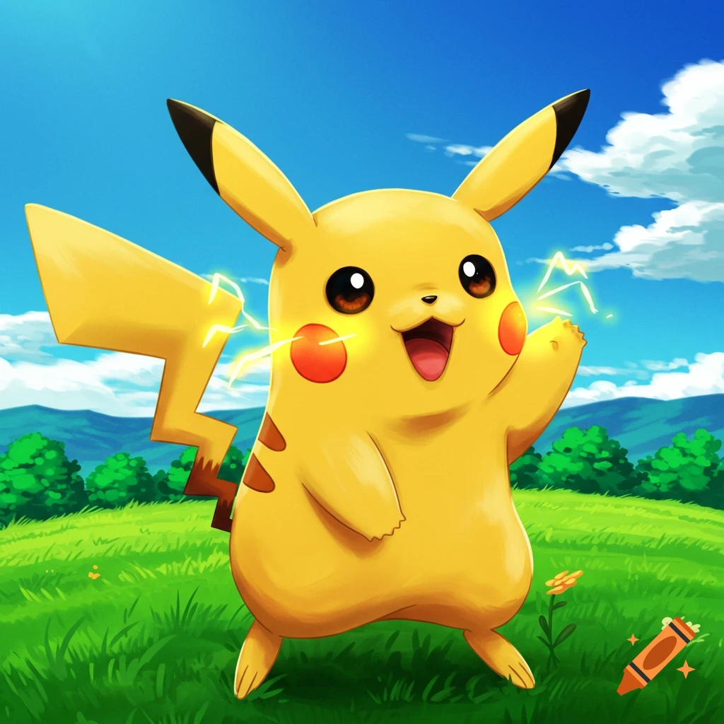 Pikachu is standing in a grassy field with lightning crackling around its cheeks and tail.