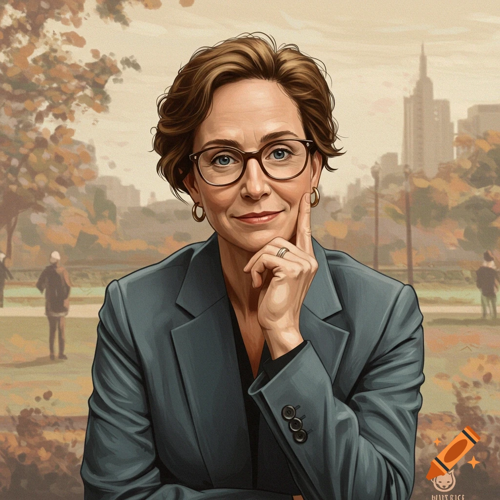 Portrait of a woman with glasses in a grey suit, sitting in a park with a city skyline behind her.