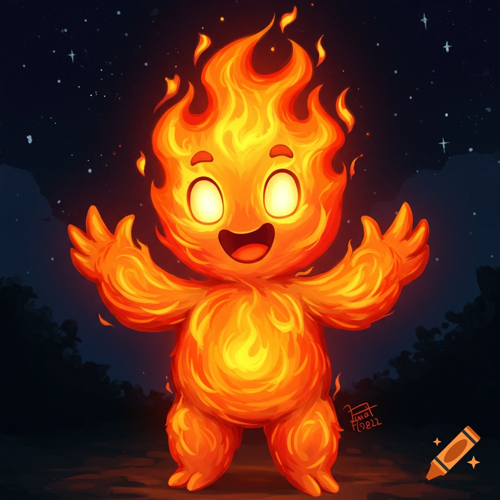 A cute cartoon character made of fire stands in a dark landscape under a starry sky.