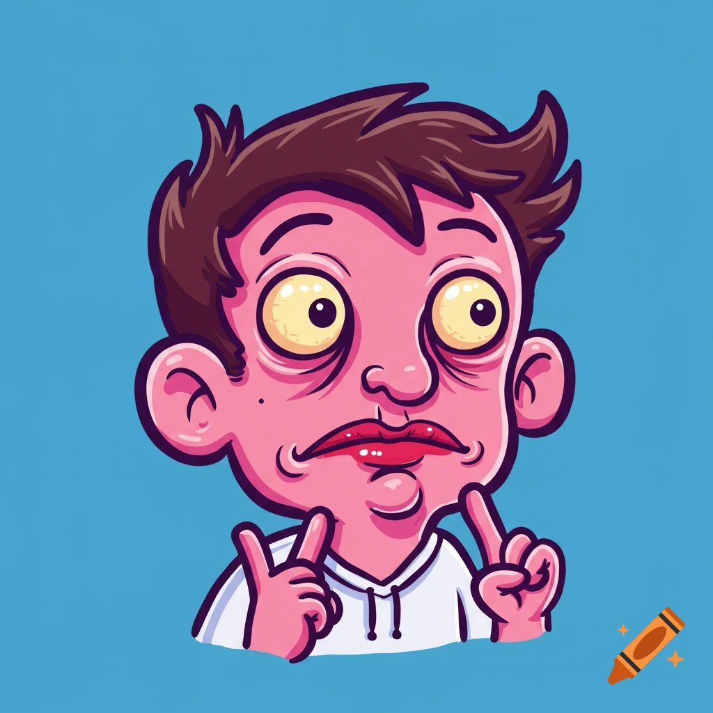 A cartoon illustration of a person with big eyes, pink skin, and messy brown hair, pointing fingers towards their chin.