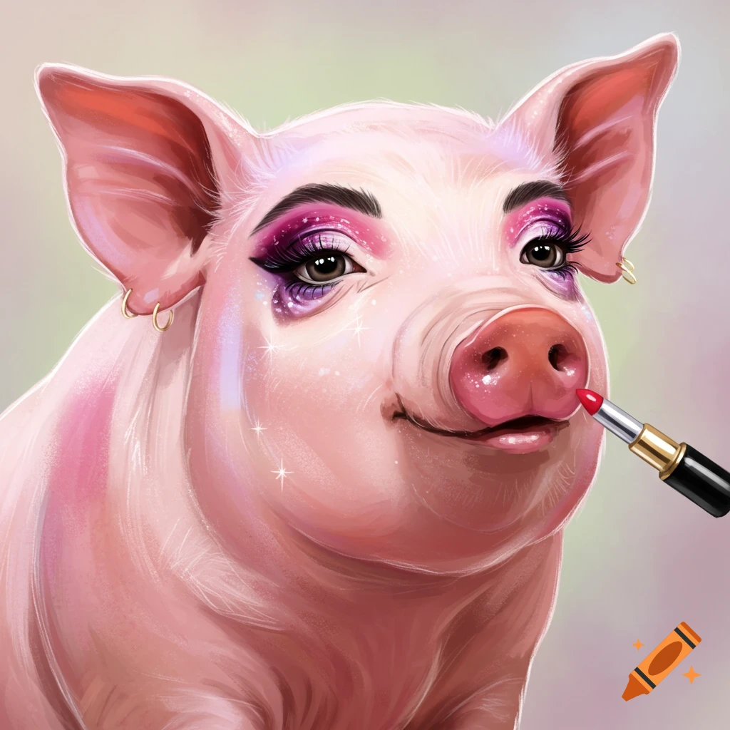 A pig applying red lipstick and wearing heavy eye makeup.