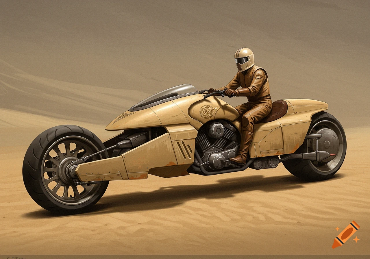 A futuristic motorcycle rider on a sand speeder in a desert.