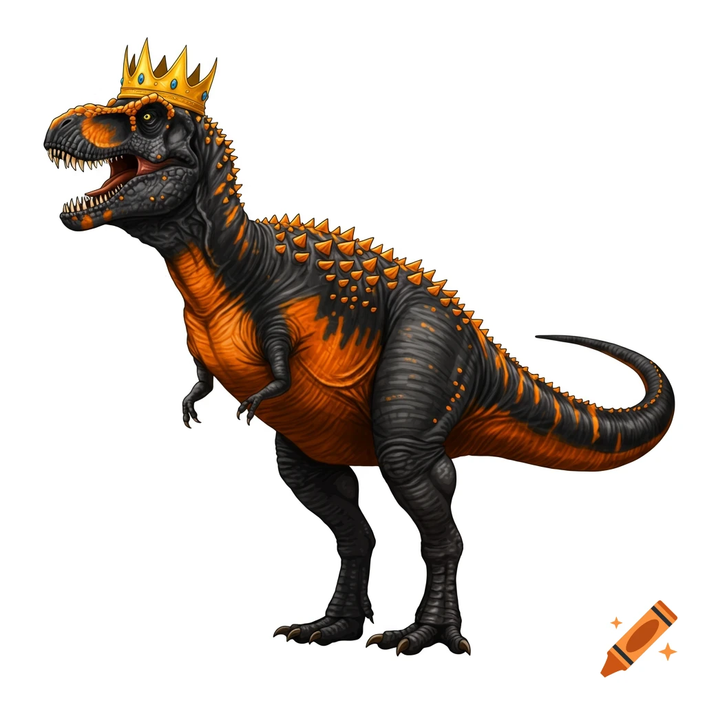 A black and orange T-Rex wearing a gold crown