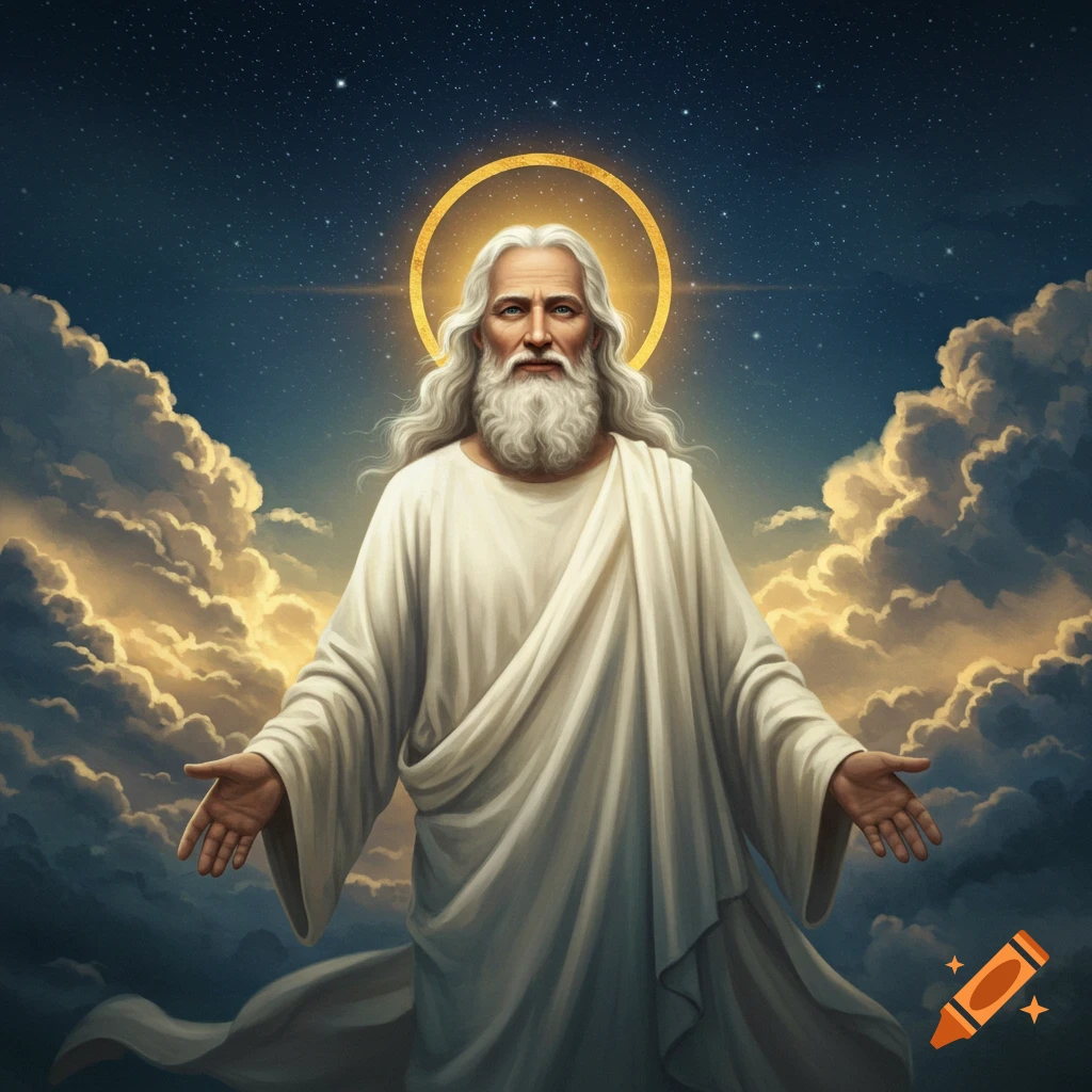 A figure representing God with a halo in clouds