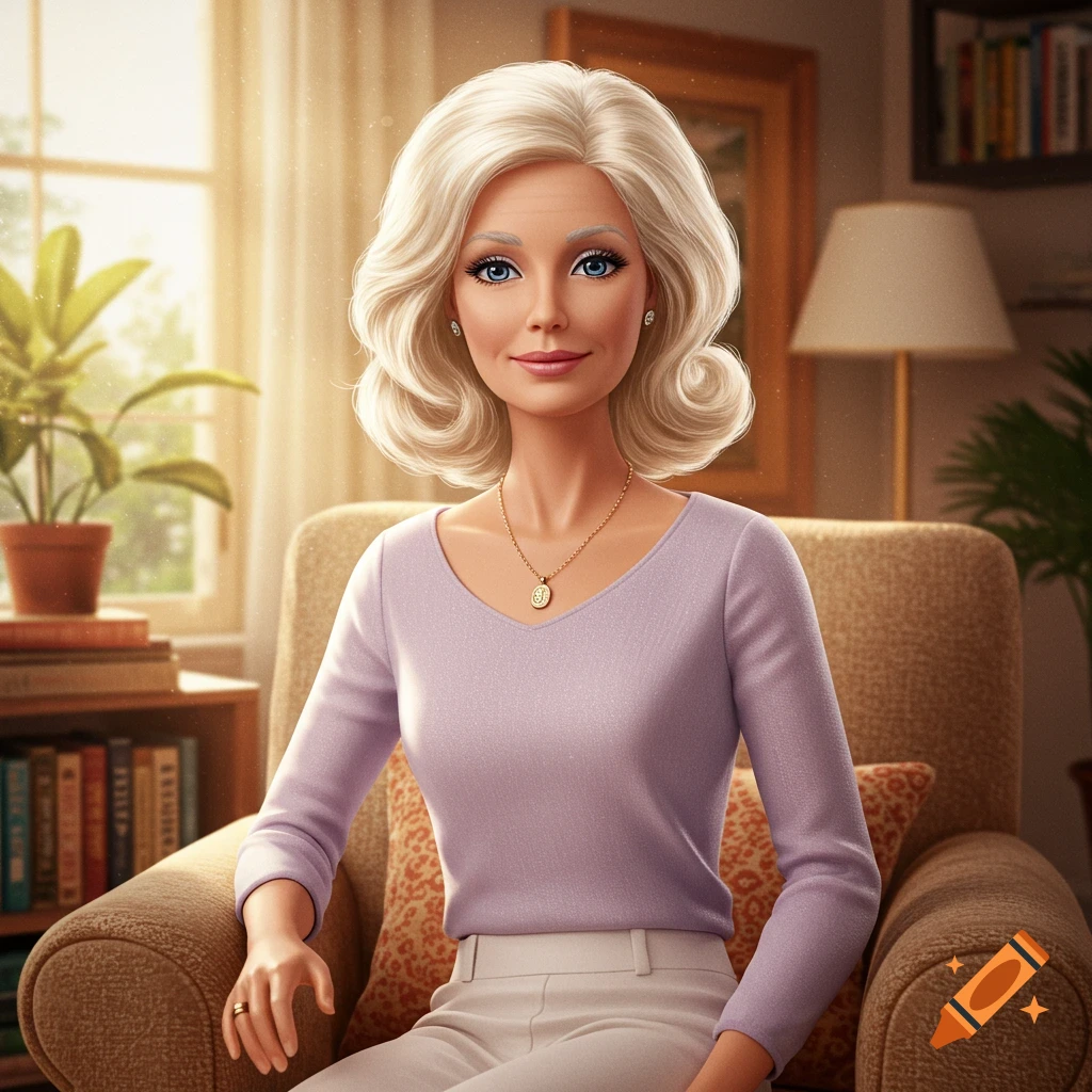 A blonde woman sits in an armchair in a sunlit room.