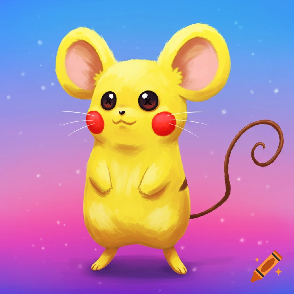 A cute yellow cartoon mouse character like Pikachu with big ears and red cheeks