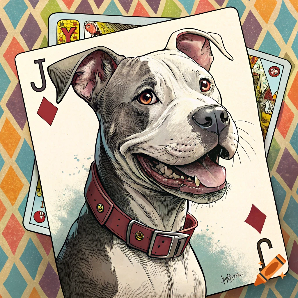 Stylized illustration of a Pitbull dog on a Jack of Diamonds playing card.