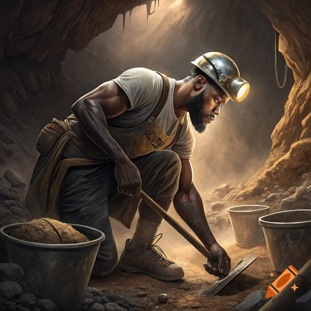 A man digs in a dimly lit cave with a shovel and buckets.