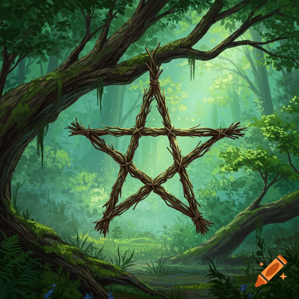 A stick pentacle hangs from a tree branch in a lush forest.