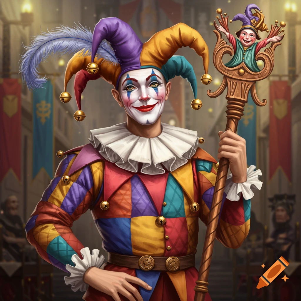 A jester in a colorful costume holding a scepter.