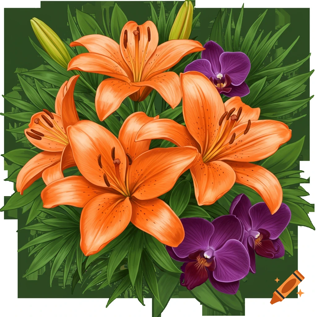 Orange lilies, purple orchids, and green leaves