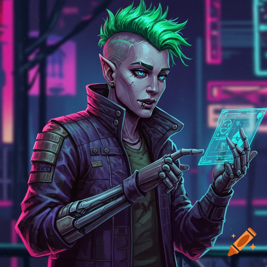 A cyberpunk fantasy character with green hair looks at a holographic screen.