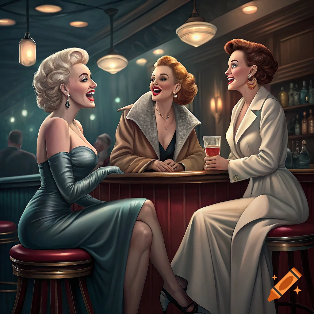 Three women sitting and laughing at a bar, vintage illustration style.
