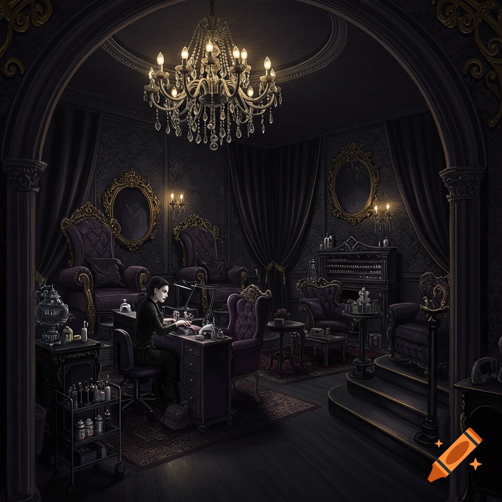 A dark, opulent Gothic nail spa interior with a person doing nails.