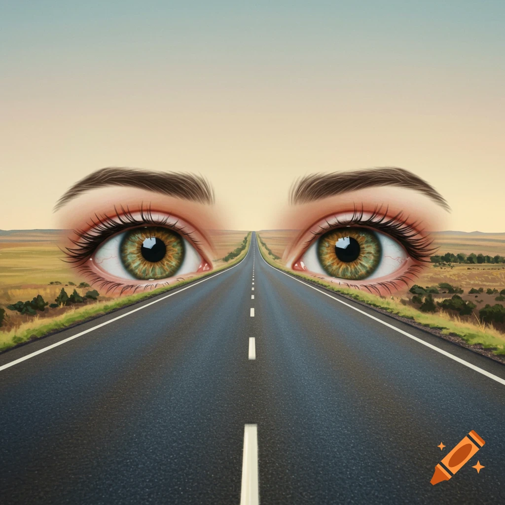 Human eyes looking over a straight road through a landscape.