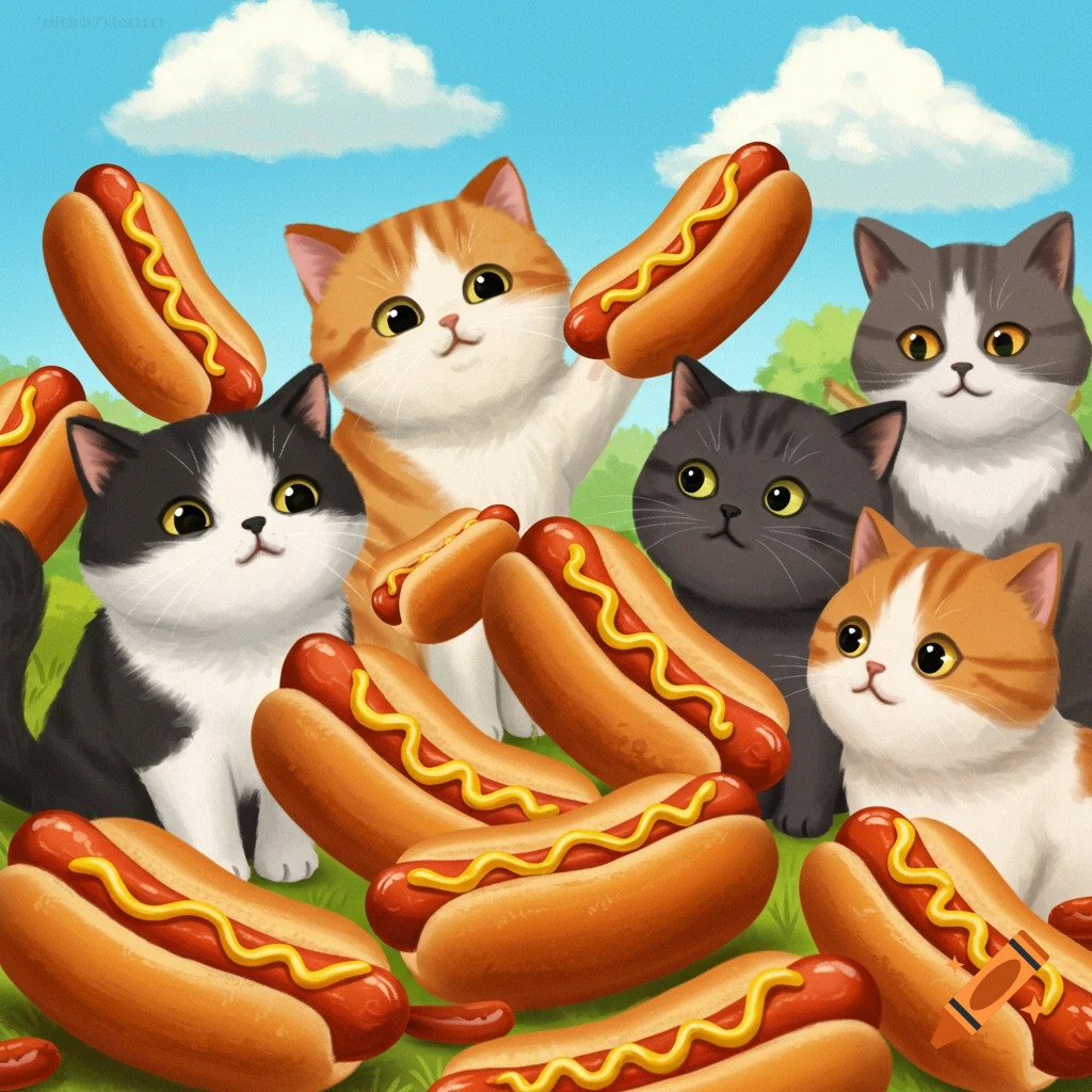 Cute cartoon cats surrounded by hot dogs