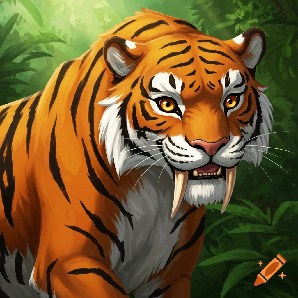 A saber-toothed tiger with orange fur and black stripes is in a jungle.