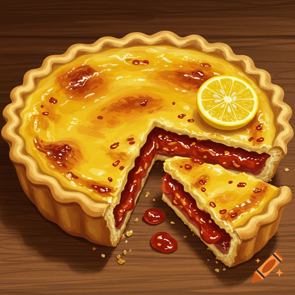 A pie with a slice removed, showing red filling. A lemon slice garnishes the top.