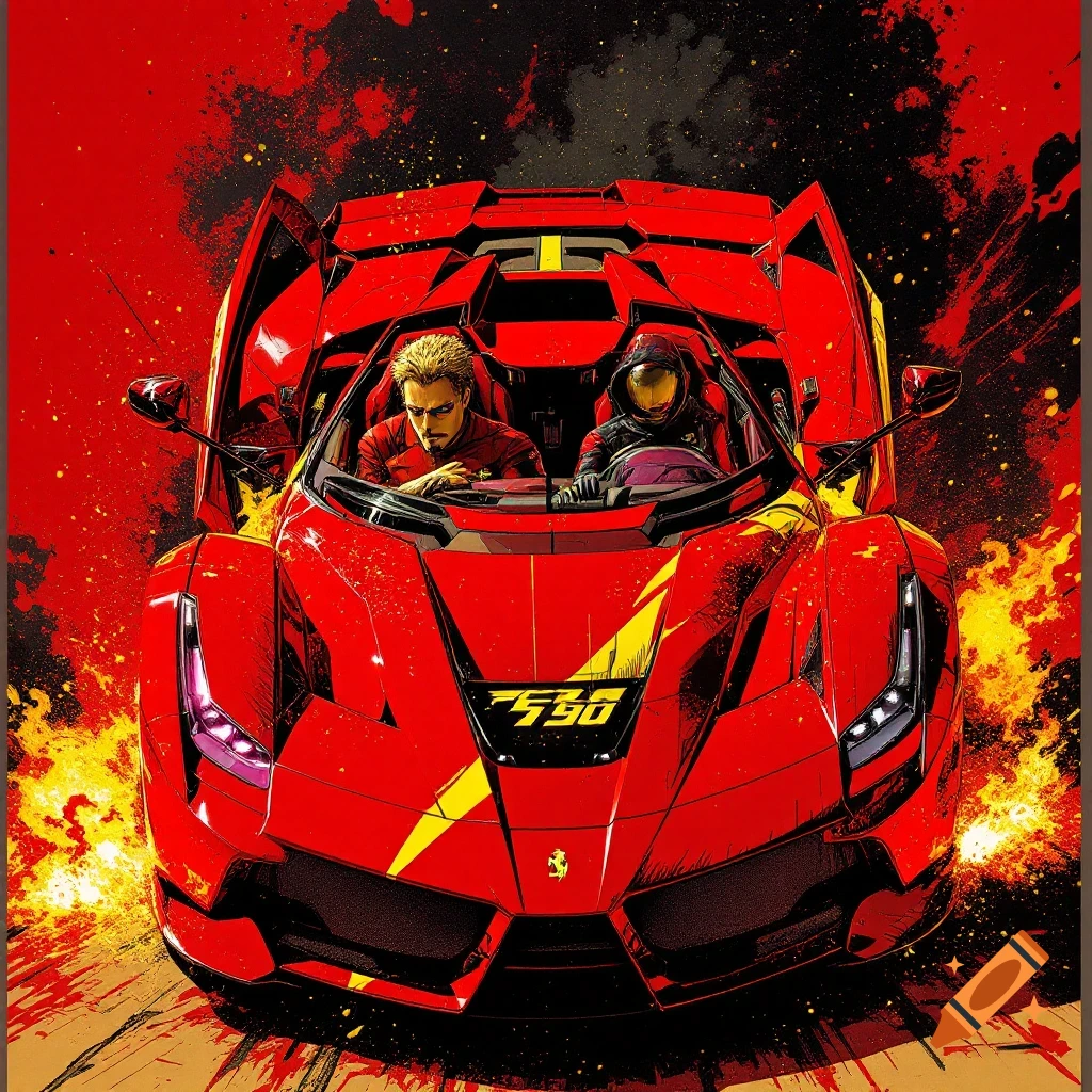 Stylized art of a red sports car with two figures inside, against a fiery red and black splash background.
