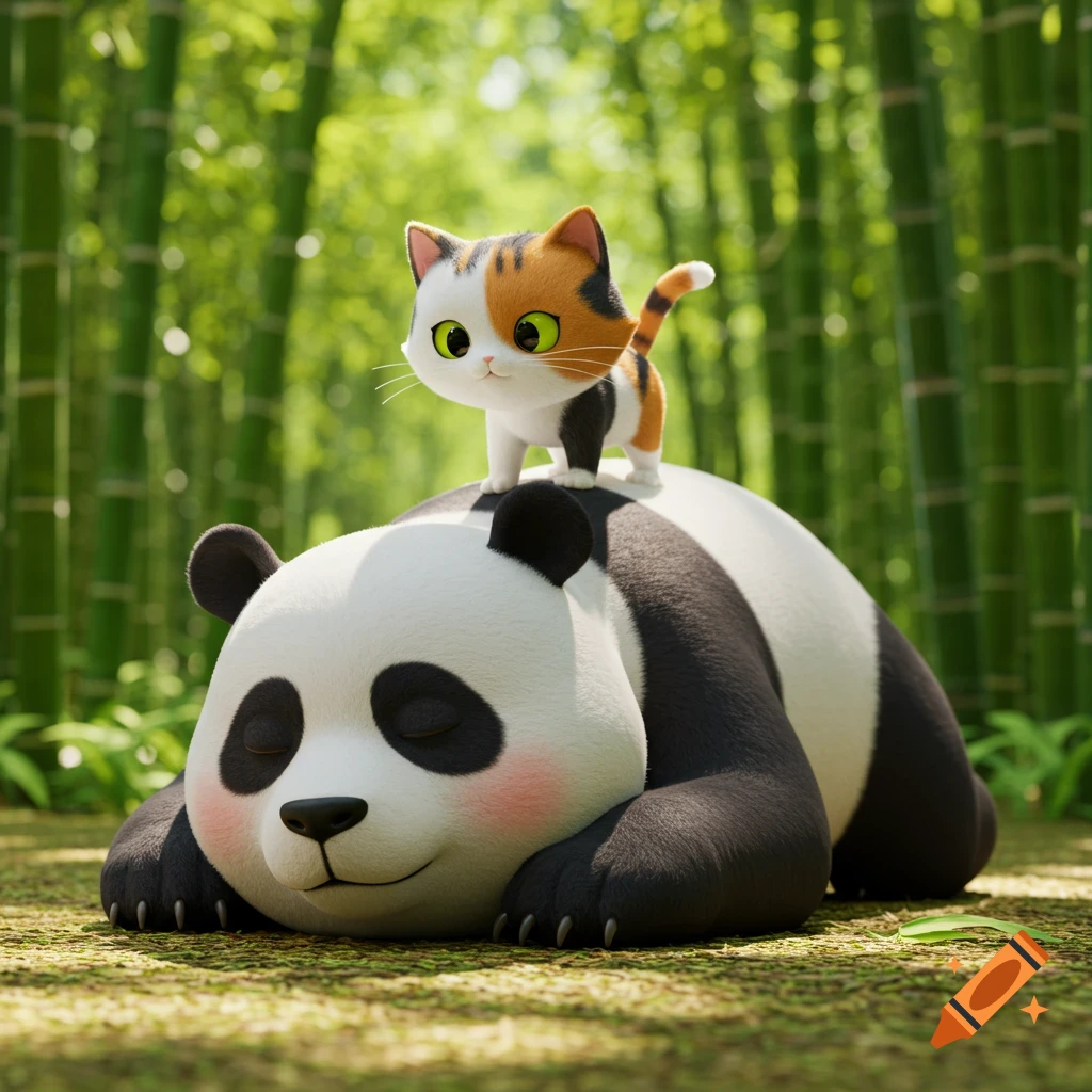 A cute calico cat rests on a sleeping panda's back in a bamboo forest, 3d cartoon style.